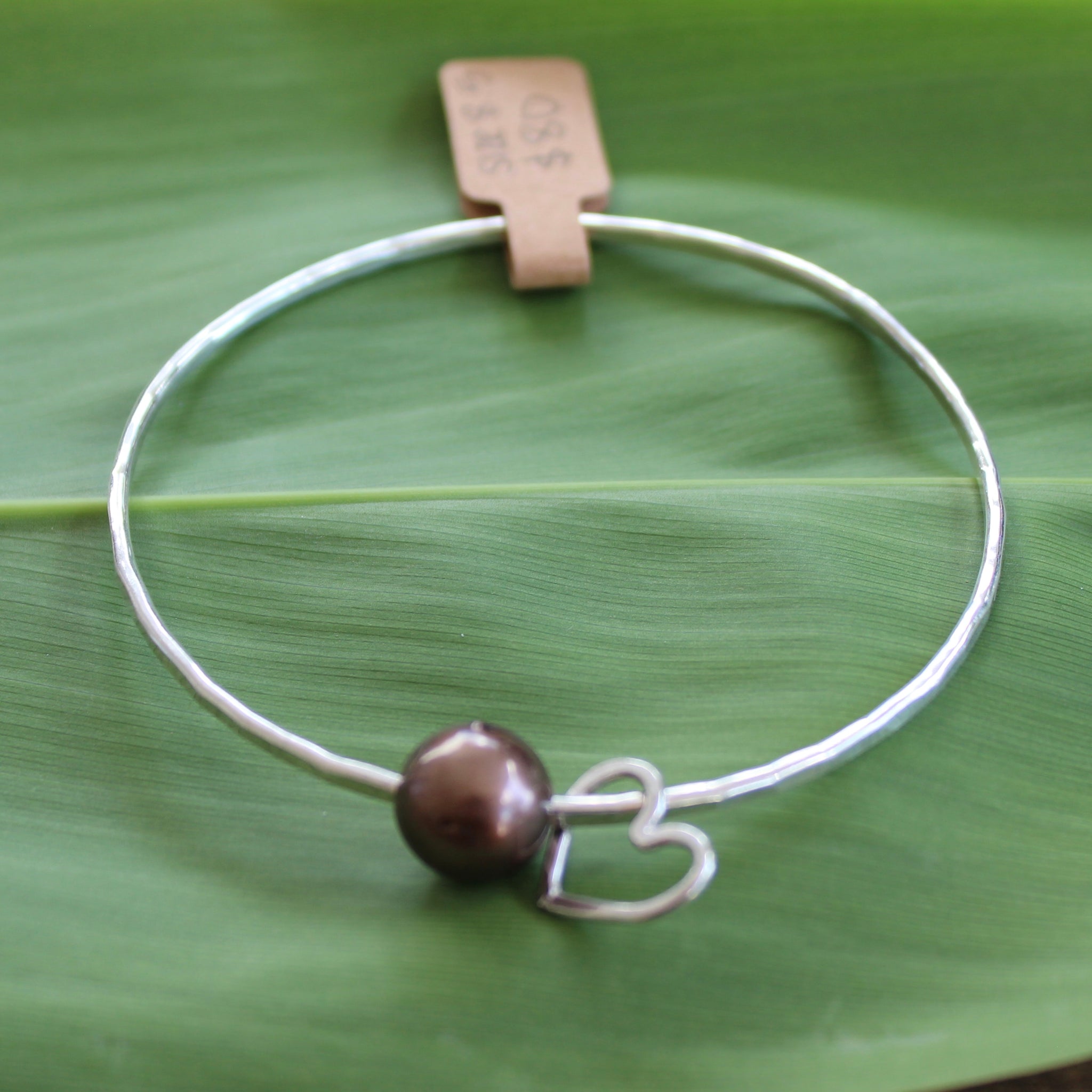 Size 8.5 Silver 12 GA - Chocolate Pearl Bangle with Heart Charm