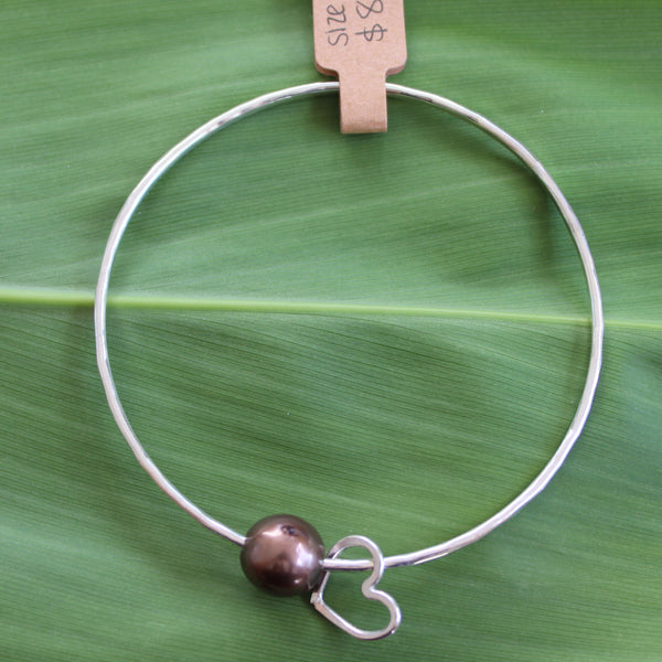 Size 8.5 Silver 12 GA - Chocolate Pearl Bangle with Heart Charm