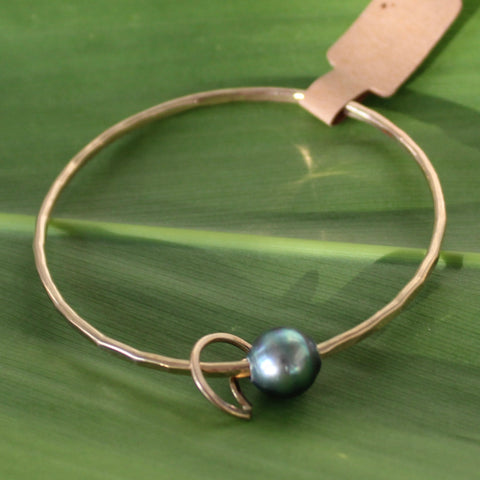 Size 7 Gold 12 GA - Tahitian Pearl & Moon Charm Bangle