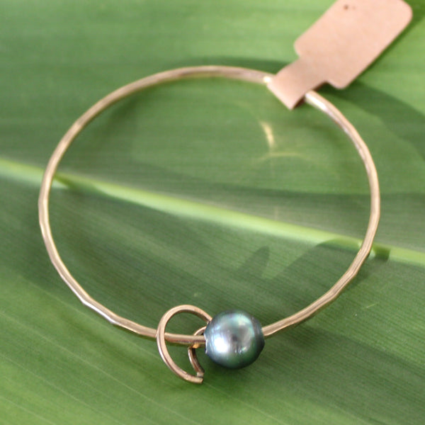 Size 7 Gold 12 GA - Tahitian Pearl & Moon Charm Bangle