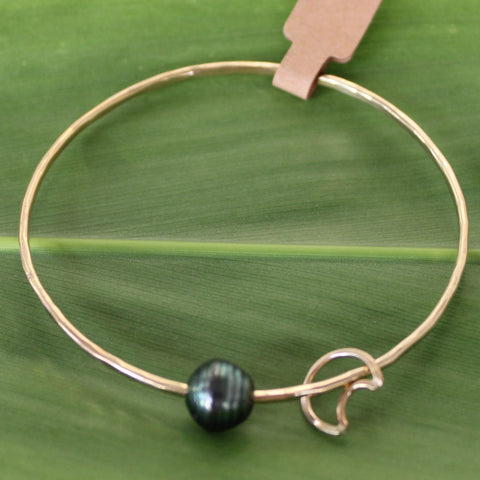 Size 8.5 Gold 12 GA - Tahitian Baroque Pearl & Moon Charm Bangle