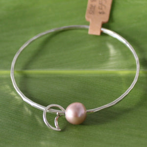 Size 8 Silver 12 GA - Pink Edison Pearl & Moon Charm Bangle