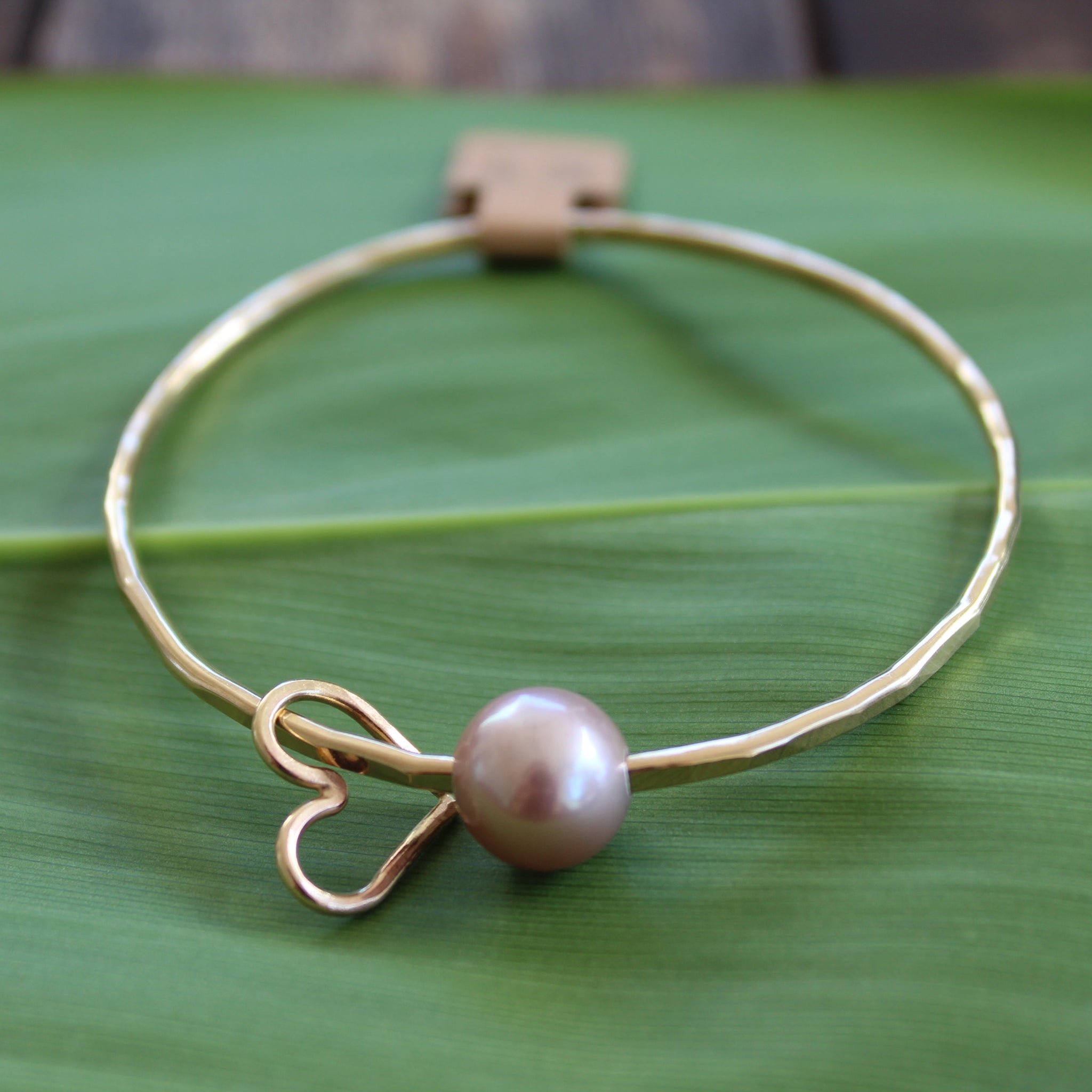 Size 7 Gold 12 GA - Pink Pearl & Heart Charm Bangle