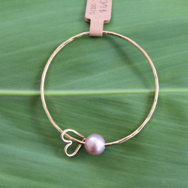 Size 7 Gold 12 GA - Pink Pearl & Heart Charm Bangle