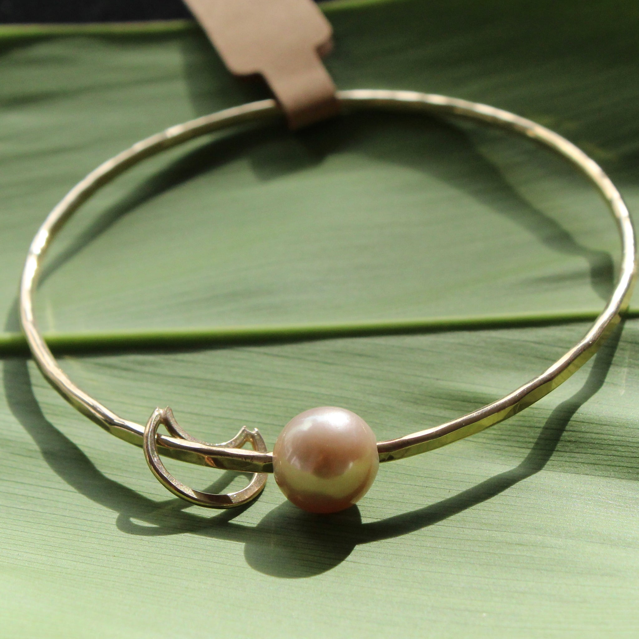 Size 8 Gold 12 GA - Pink Edison Pearl & Moon Charm Bangle