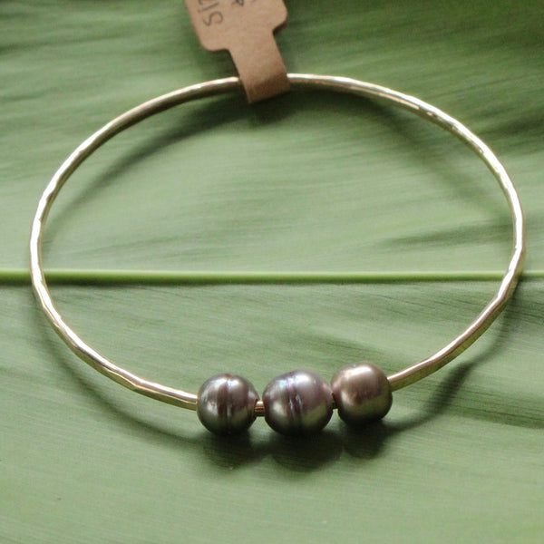 Size 8 Gold 12 GA - Triple Lavender Baroque Pearl Bangle